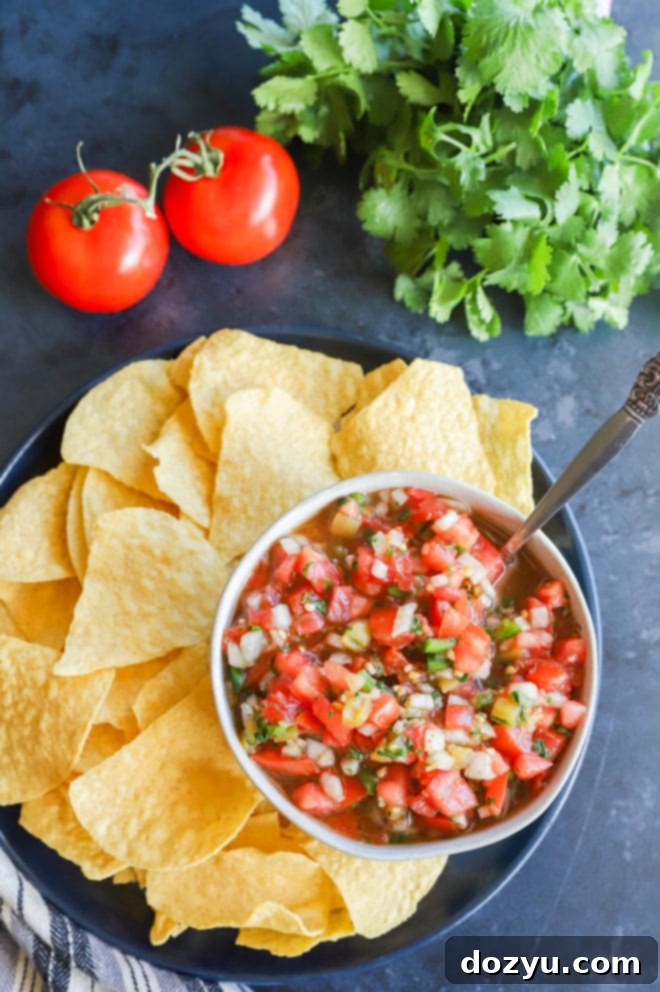 Hearty Salsa 9 Overhead shot of a bowl of fresh chunky salsa surrounded by tortilla chips, with whole tomatoes and limes for garnish, emphasizing its homemade appeal.