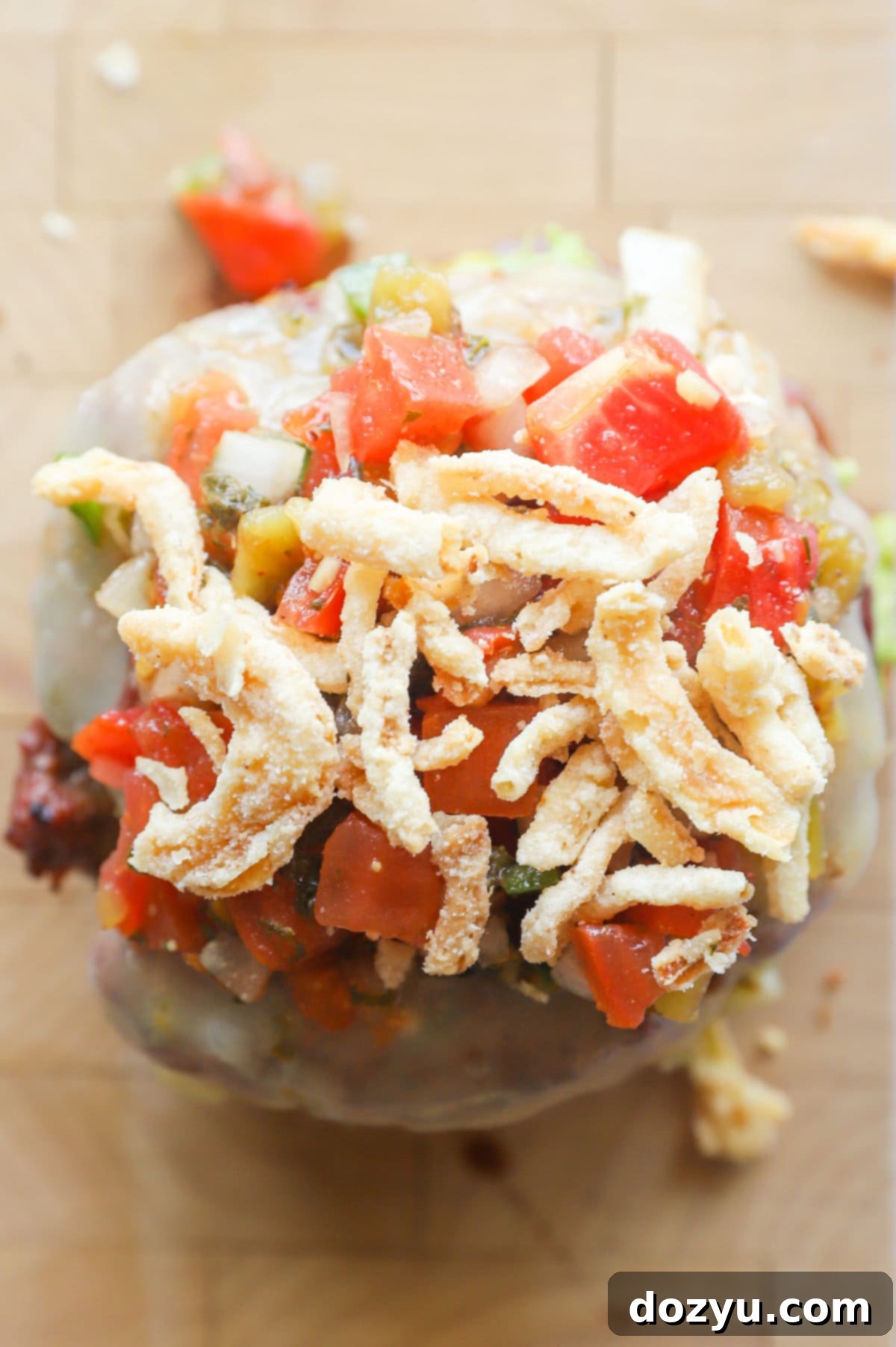 Fiery Salsa Jalapeño Crunch Burger 8 Burger with salsa and fried onions picture