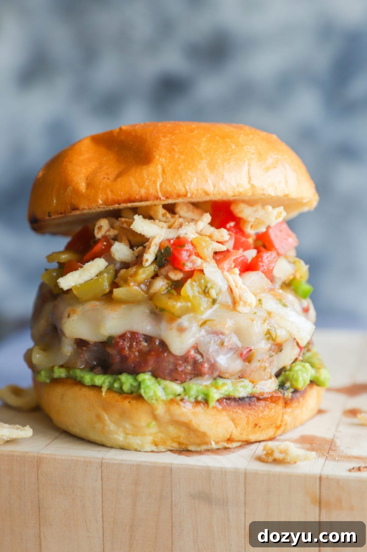 Fiery Salsa Jalapeño Crunch Burger 12 Photo of salsa burger on cutting board