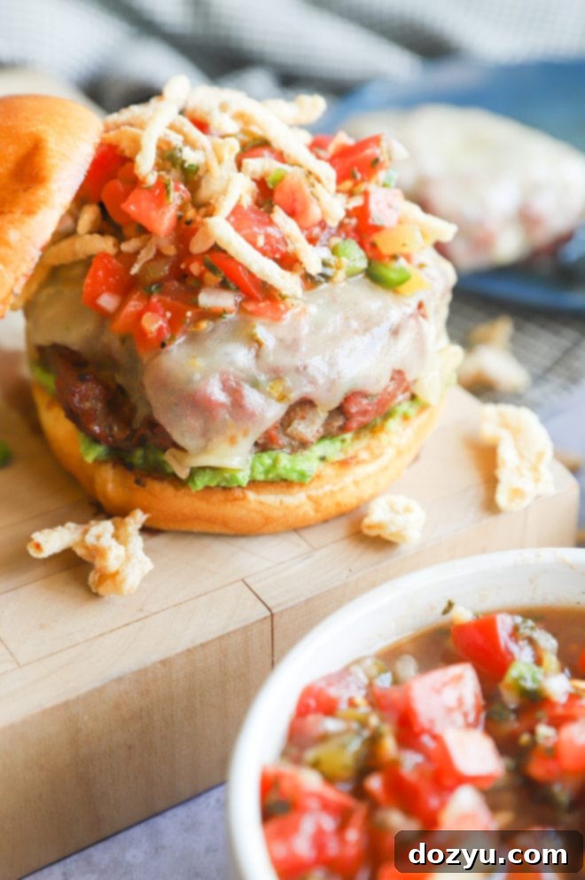 Fiery Salsa Jalapeño Crunch Burger 3 Picture of a salsa burger with jalapeno and avocado close up