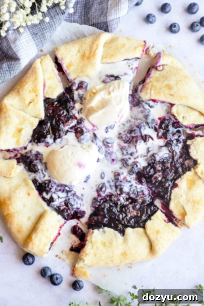 Sliced blueberry galette image overhead with ice cream