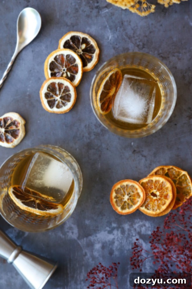 Smoldering Agave Classic 5 Overhead image of two Spicy Mezcal Old Fashioned cocktails in glasses with dried orange garnishes.
