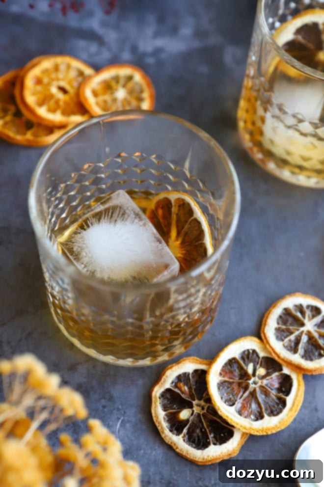 Smoldering Agave Classic 6 Close-up of a Spicy Mezcal Old Fashioned cocktail in a rocks glass, showcasing the amber liquid and dried orange garnish.