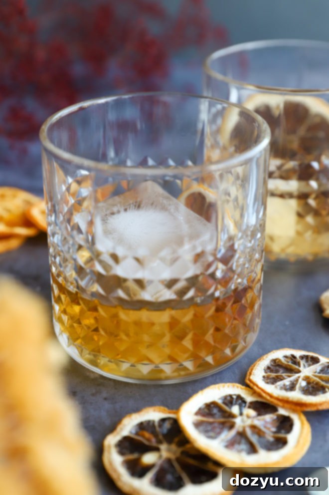 Smoldering Agave Classic 4 Side view of a single Spicy Mezcal Old Fashioned cocktail in a rocks glass, garnished with a dried orange slice.