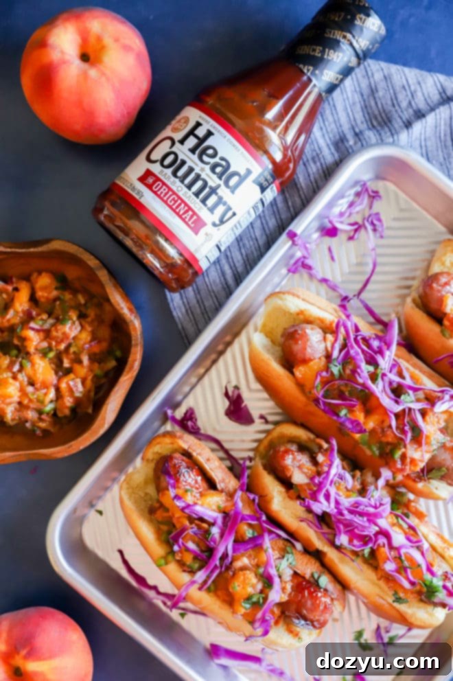 Sweet & Smoky Brats with a Peach-Bacon Kick 2 Head Country BBQ brats with peach salsa