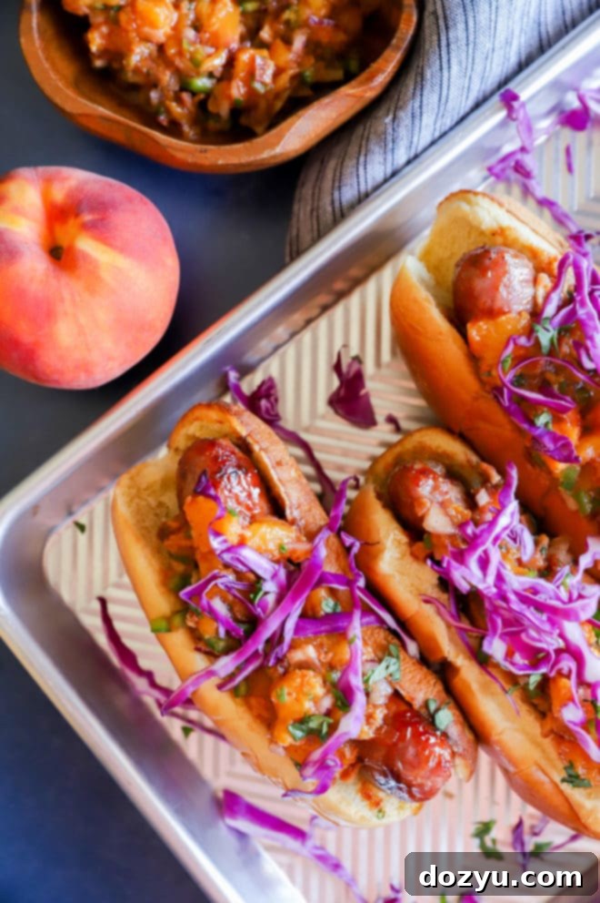 Sweet & Smoky Brats with a Peach-Bacon Kick 11 Peach salsa on grilled braturst photo