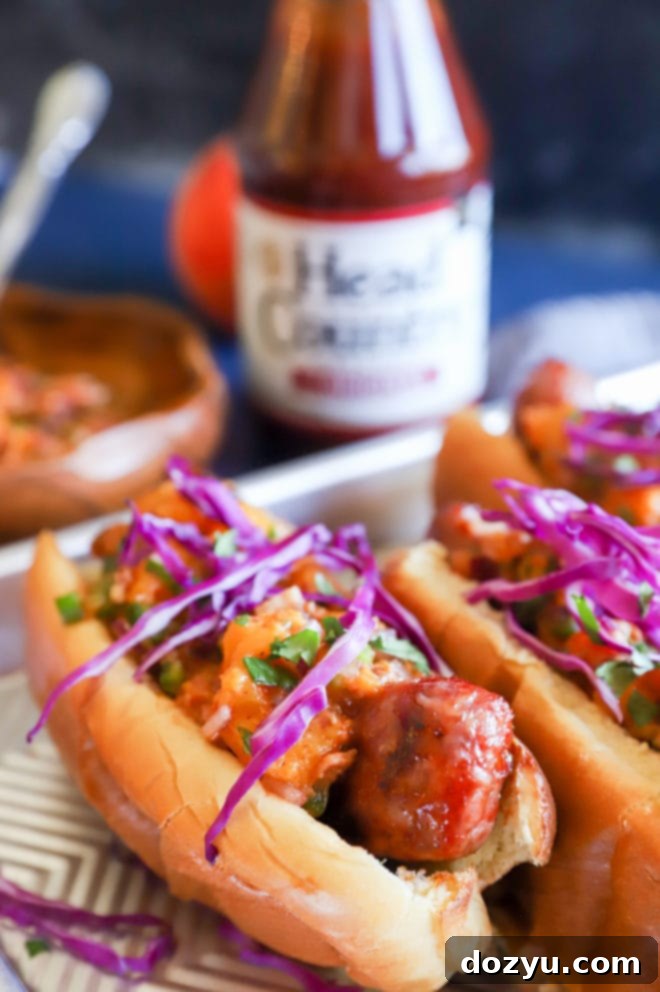Sweet & Smoky Brats with a Peach-Bacon Kick 4 Photo of grilled bratwurst with head country bbq glaze