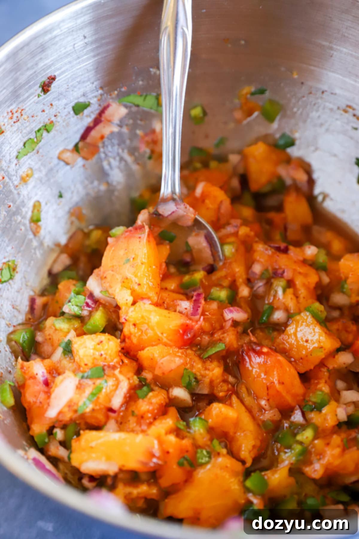 Sweet & Smoky Brats with a Peach-Bacon Kick 6 picture of spicy peach bacon salsa in bowl
