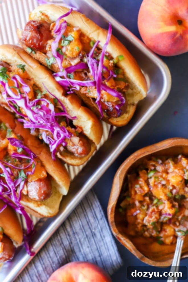 Sweet & Smoky Brats with a Peach-Bacon Kick 9 Grilled brats on sheet pan with peach salsa