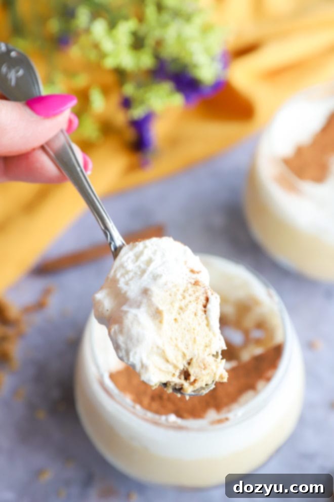 Velvet Pumpkin Spice Cheesecake Mousse 7 Close-up of a spoonful of Pumpkin Spice Cheesecake Mousse, showing its smooth texture and rich color.