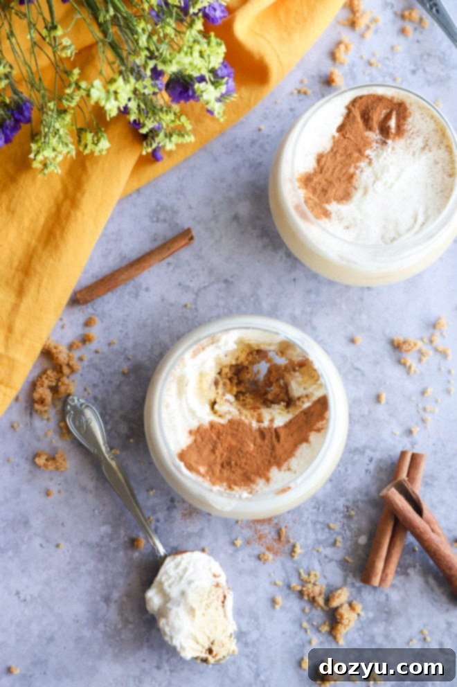 Velvet Pumpkin Spice Cheesecake Mousse 8 Overhead view of several Pumpkin Spice Cheesecake Mousse desserts in glasses, beautifully arranged.