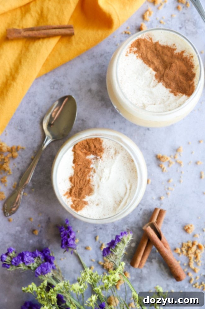 Velvet Pumpkin Spice Cheesecake Mousse 9 Overhead image showing multiple glasses of Pumpkin Spice Cheesecake Mousse, topped with whipped cream and cinnamon.