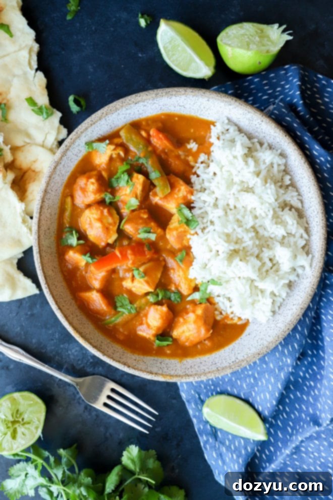 Easy Instant Pot Pumpkin Chicken Curry 4 Overhead picture of a serving of pumpkin chicken curry in a bowl, garnished with fresh cilantro and a lime wedge