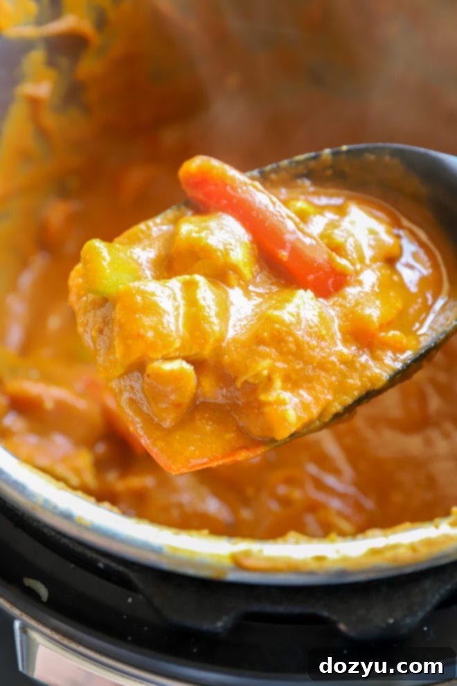 Easy Instant Pot Pumpkin Chicken Curry 5 Image of curry being spooned out from the Instant Pot, showing the rich sauce and tender chicken
