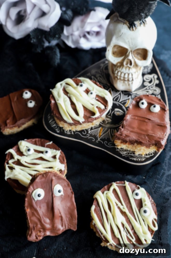 Ghoulishly Good Chocolate Peanut Butter Krispies 5 Picture of chocolate peanut butter rice krispie treats image, perfect for Halloween dessert table