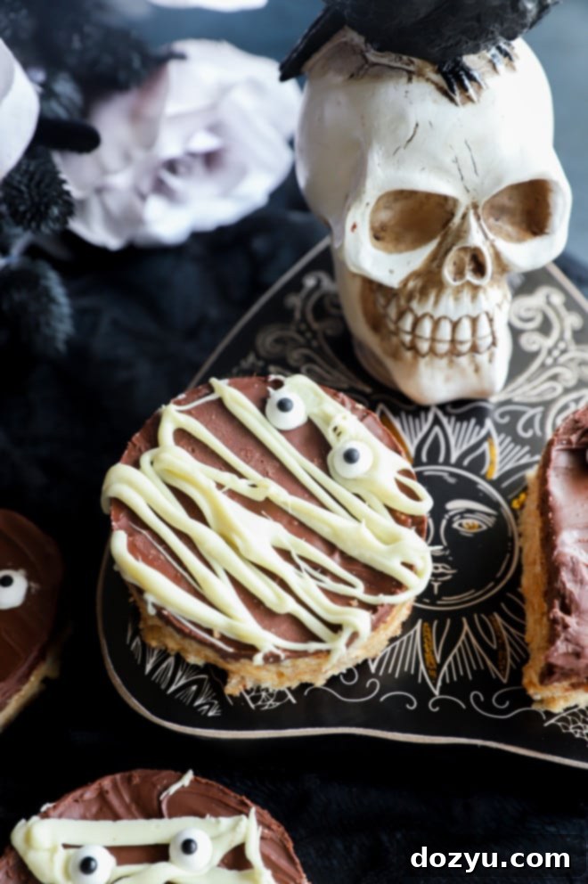 Ghoulishly Good Chocolate Peanut Butter Krispies 6 Rice krispie treat with peanut butter and chocolate, a perfect Halloween snack