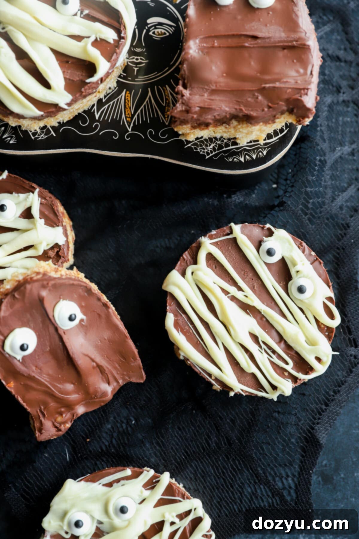 Wicked Choco-Nut Butter Krispie Squares 9 Overhead photo of spooky Halloween treats decorated with chocolate and candy eyes.