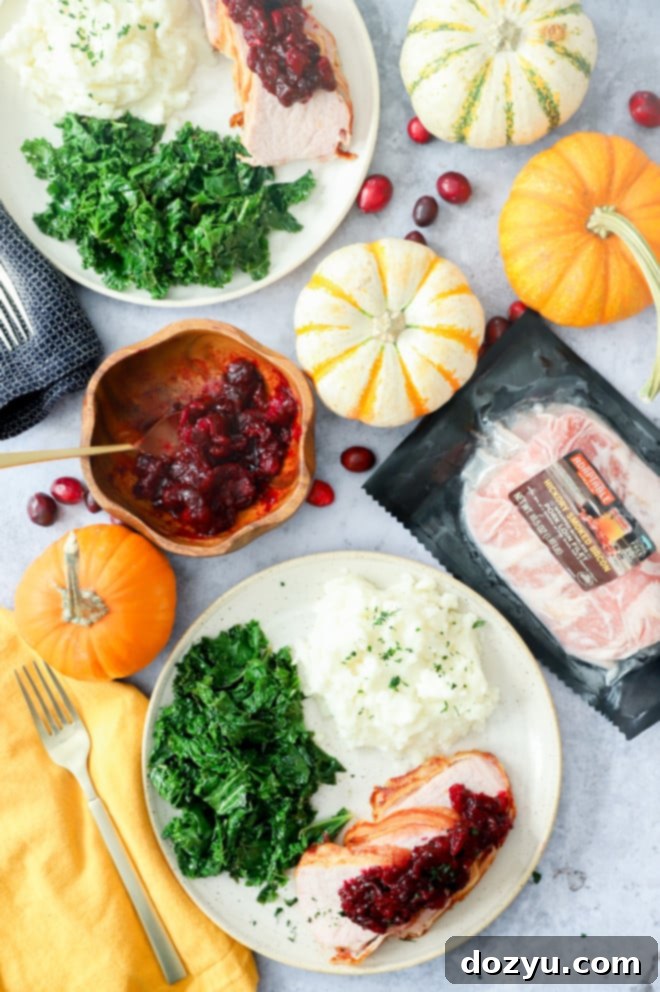 Crispy Air Fryer Bacon Wrapped Pork Loin 2 Adaptable Meals thanksgiving meal overhead