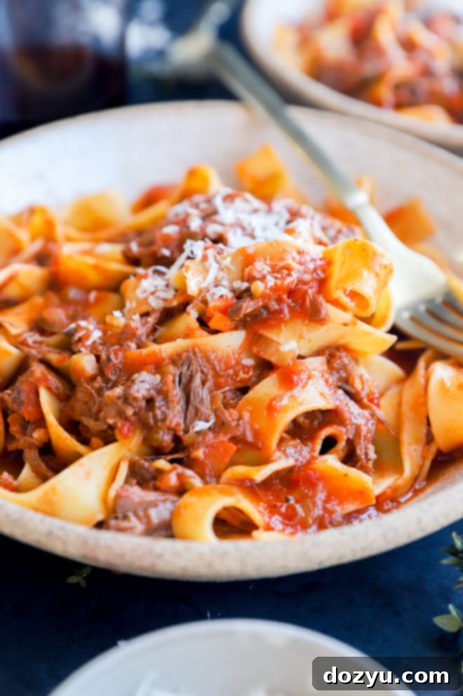 Fall-Off-The-Bone Instant Pot Short Rib Ragu 4 A bowl of Instant Pot Short Rib Ragu with wide pappardelle pasta, garnished with fresh parsley.