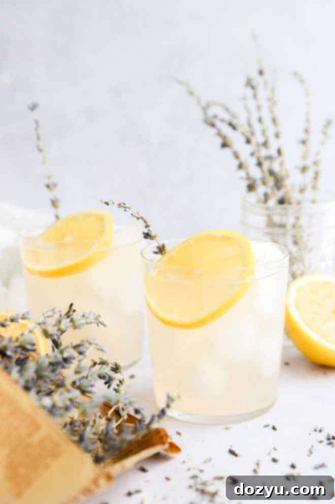 Blissful Lavender Lemonade Cocktail 2 Two glasses of Lavender Lemonade Cocktail garnished with lemon slices and fresh lavender sprigs, on a light background.