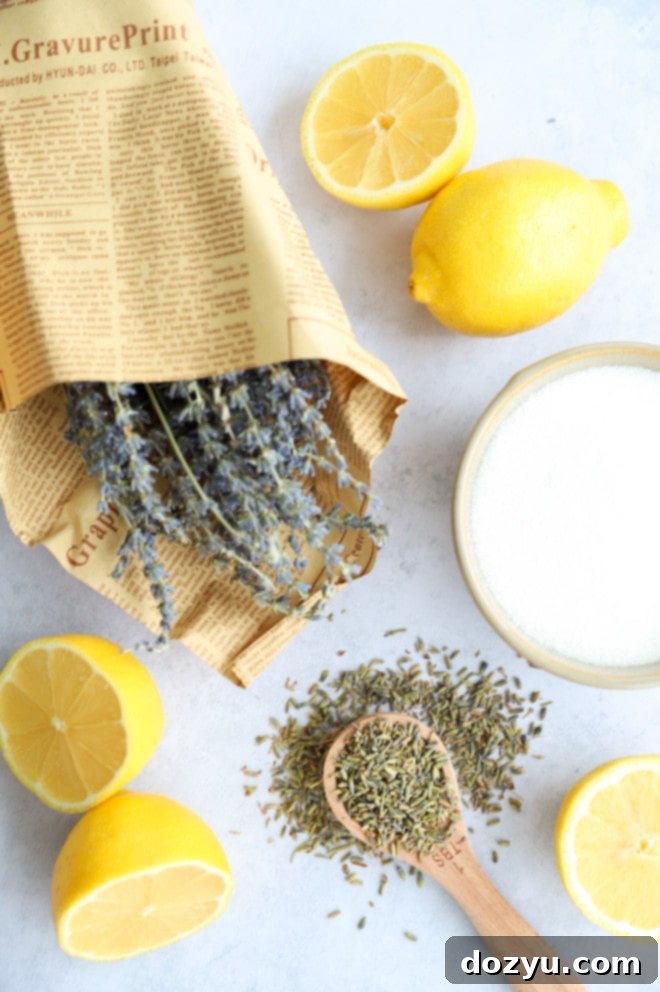 Blissful Lavender Lemonade Cocktail 4 Overhead flat lay image showing dried lavender buds, fresh lemons, and sugar, laid out on a light surface – ingredients for the cocktail.