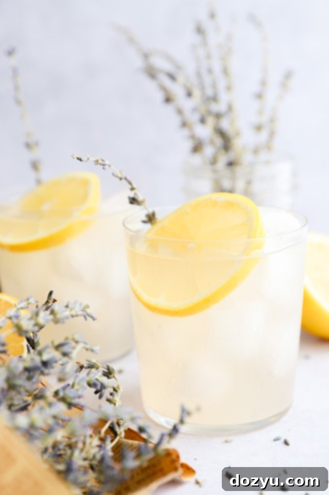 Blissful Lavender Lemonade Cocktail 5 Side view of two glasses filled with Lavender Lemonade Cocktail, garnished with lemon slices and fresh lavender, with a blurred background.