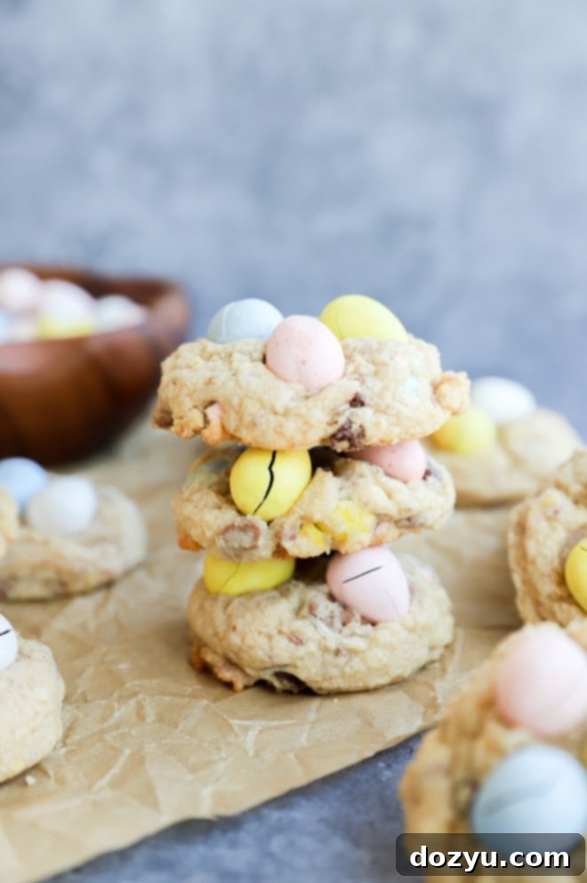 Colorful Mini Egg Cookies 2 Mini eggs cookies in a stack, showcasing their perfect texture and vibrant Mini Eggs