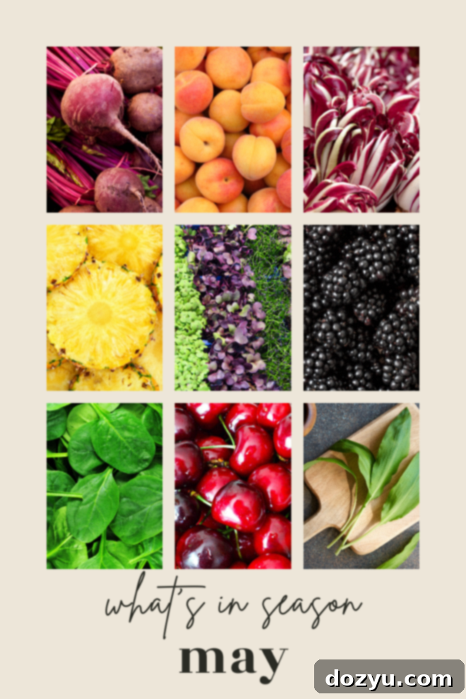 May's Peak Produce 2 Vibrant assortment of fresh seasonal fruits and vegetables for May, including berries, asparagus, and leafy greens, on a rustic background.