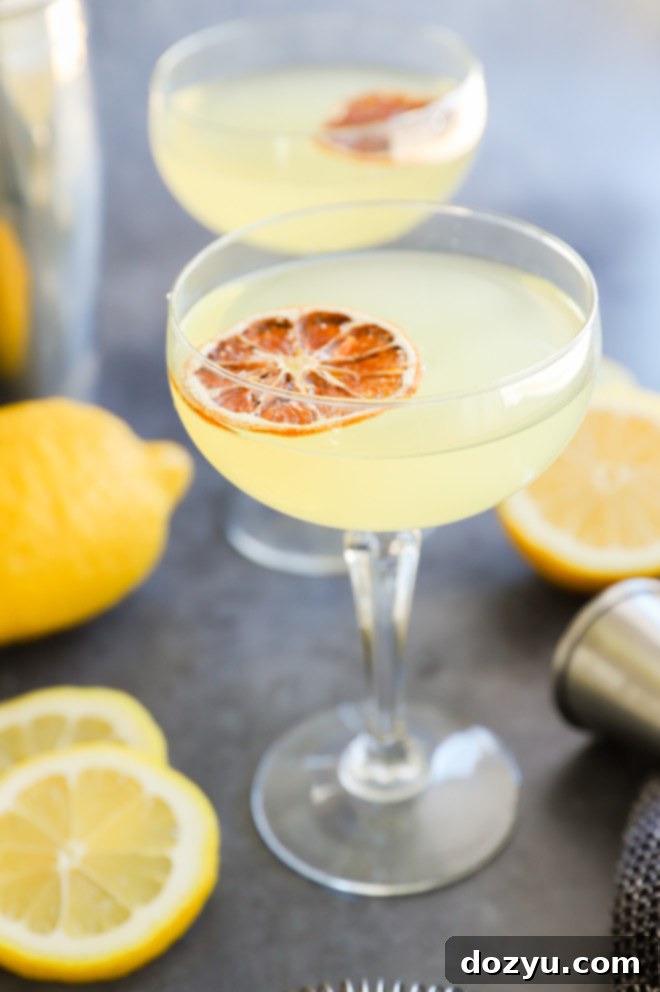 Amalfi Coast Martini 6 An easy lemon vodka cocktail served in a coupe glass, garnished with a vibrant lemon slice, ready to be enjoyed.