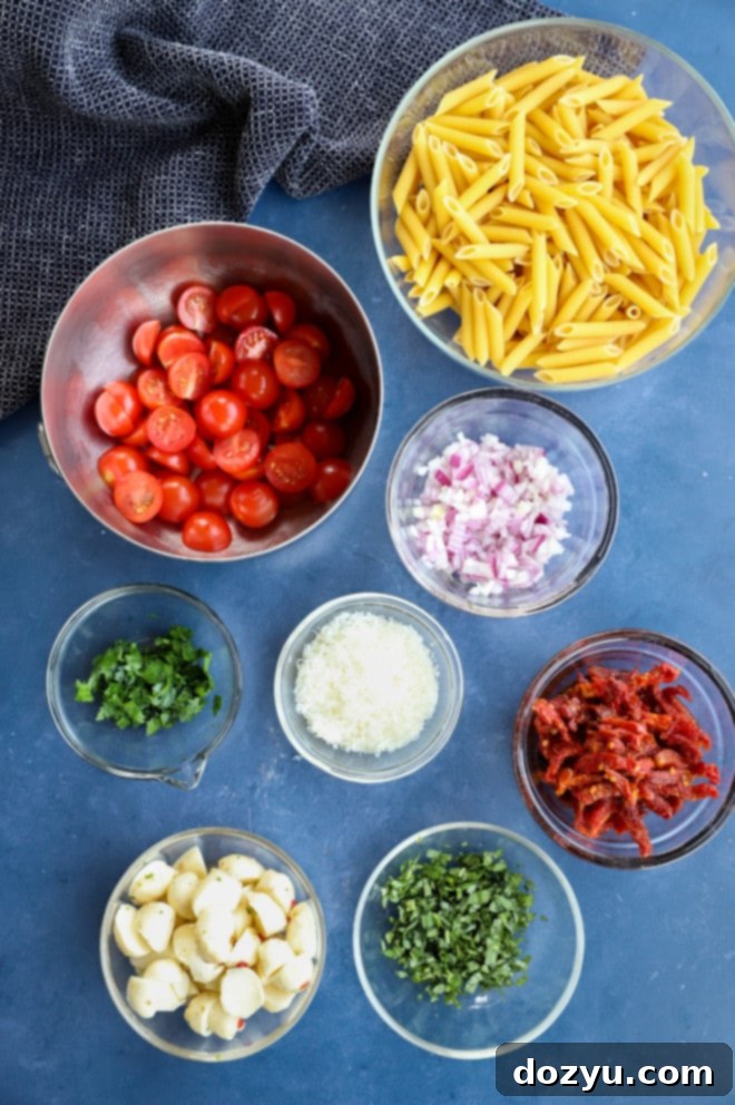 Sun-Kissed Pasta Salad 4 Pasta salad ingredients in bowl image