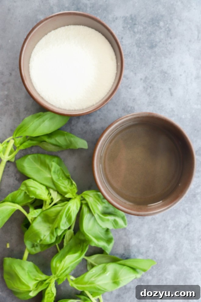 Verdant Basil Syrup 3 Fresh basil leaves, granulated sugar, and water laid out as ingredients for basil simple syrup.