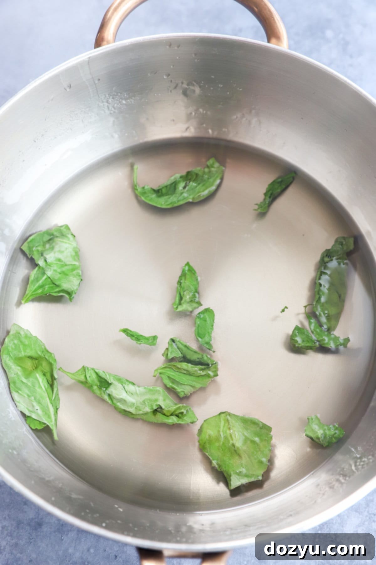 Verdant Basil Syrup 4 Overhead view of fresh basil leaves steeping in a sugar and water mixture in a saucepan.