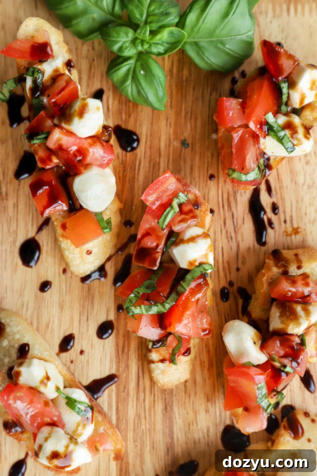 Caprese Bruschetta 2 Caprese bruschetta on serving platter overhead image