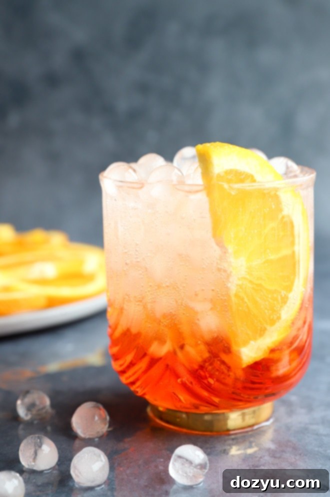 Aperol Fizz 2 Vibrant Aperol soda cocktail in a glass with an orange slice garnish, perfect for a refreshing summer drink.