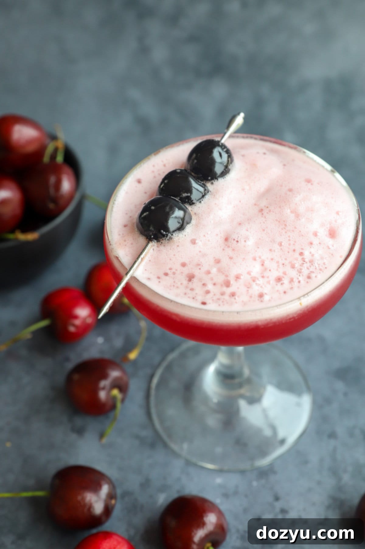 Ruby Vodka Sour 10 Cherries garnishing a cherry cocktail with vodka