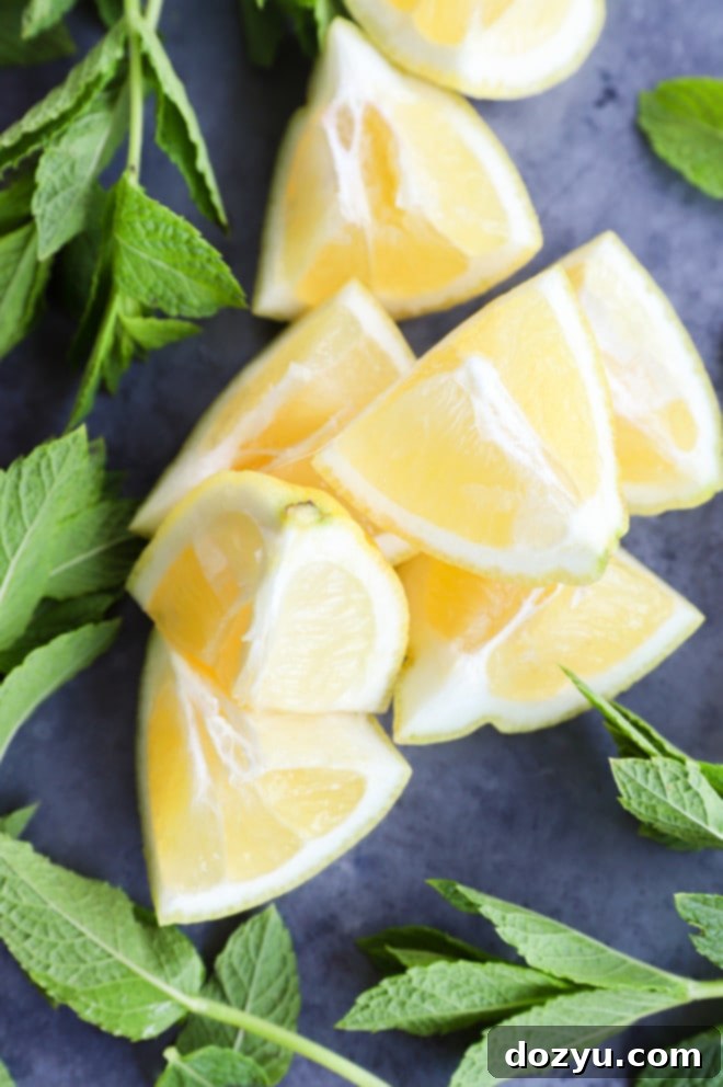 Zesty Lemon Mojito 3 Ingredients for a lemon mojito laid out on a table: lemons, mint, rum, sugar, soda water, and ice