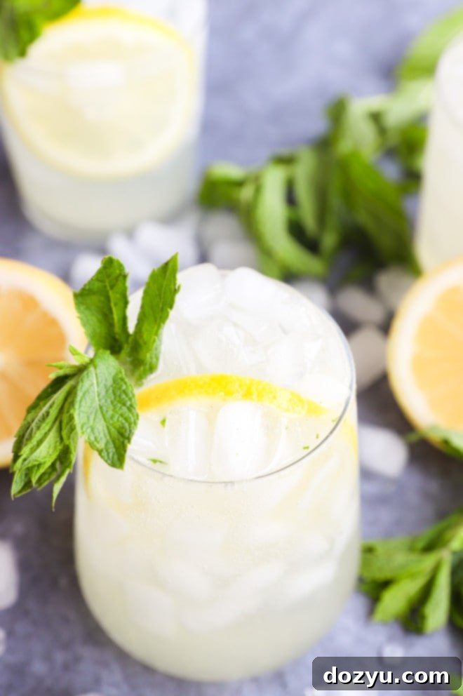 Zesty Lemon Mojito 8 Two glasses of lemon mojitos next to each other, garnished with lemon and mint