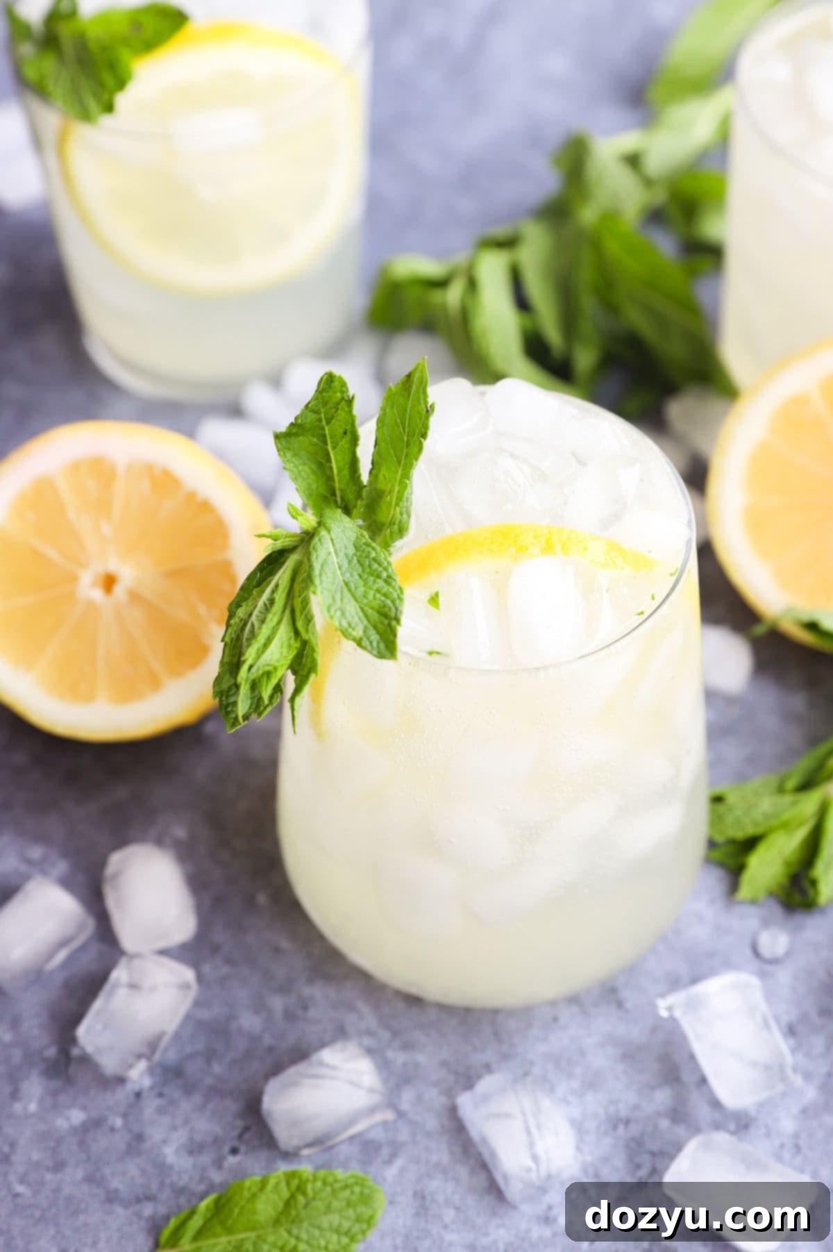 Zesty Lemon Mojito 9 Close-up photo of Lemon Mojitos in glasses, garnished with lemon slices and mint sprigs