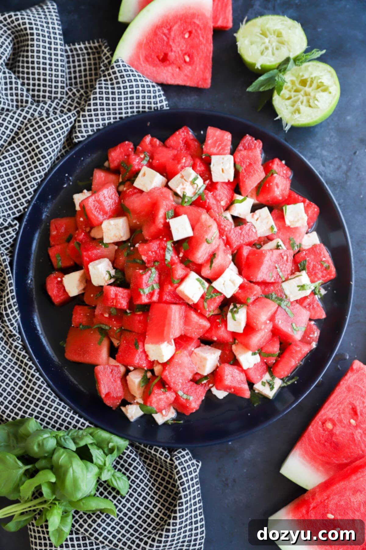 Refreshing Watermelon Feta Delight 9 Picture of a fruit salad with cheese on a serving platter for summer