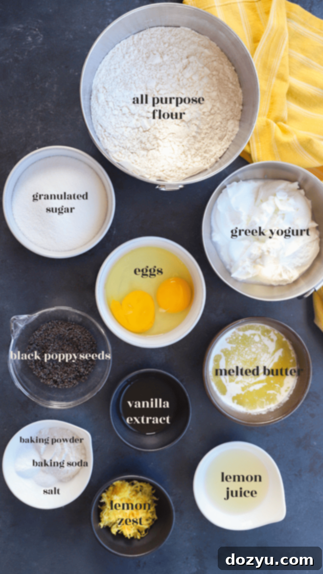 Sunshine Lemon Poppy Seed Muffins 4 Ingredients laid out for lemon poppy seed muffins recipe, including lemons, flour, sugar, and poppy seeds