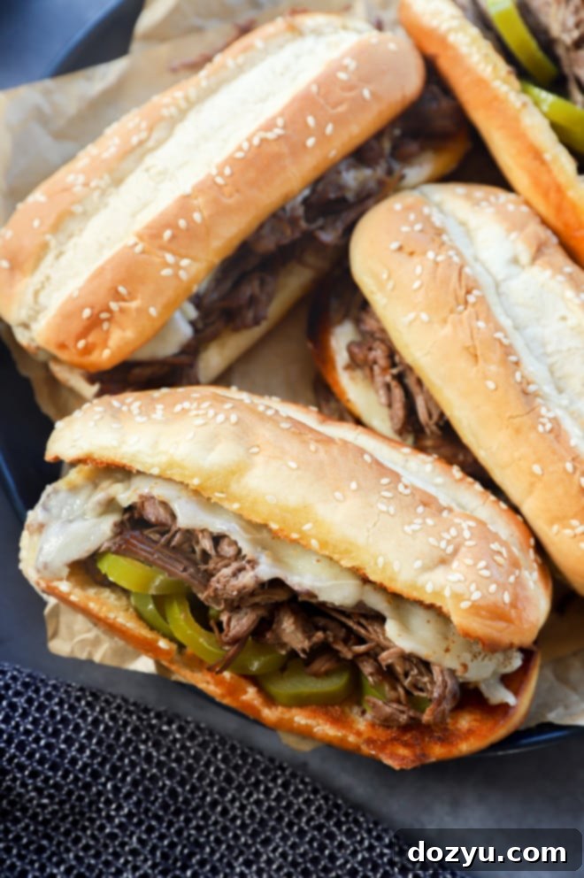 Ultimate French Dip 8 Hot peppers on French Dip sandwiches on a platter