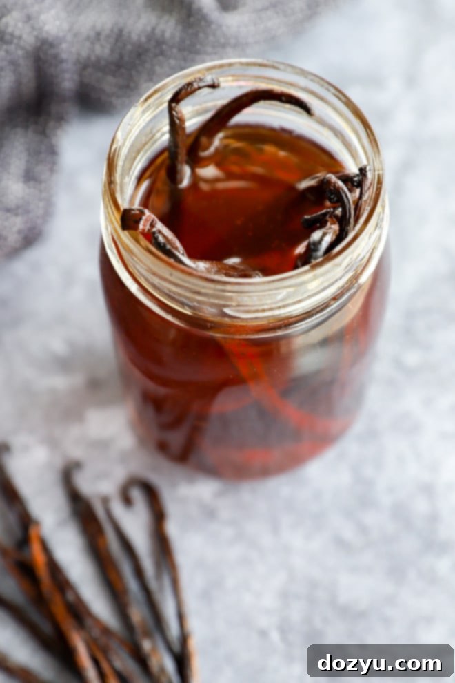 Craft Your Own Vanilla Extract 2 Jar of homemade vanilla extract with beans in it, showcasing the rich color and vanilla pods