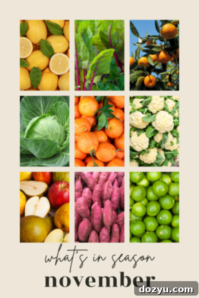 November produce guide graphic showing various fruits and vegetables in season