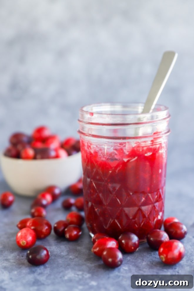 Ruby Red Cranberry Preserve 3 Close-up of cranberry jam in a mason jar with a spoon dipped inside, highlighting its smooth texture.