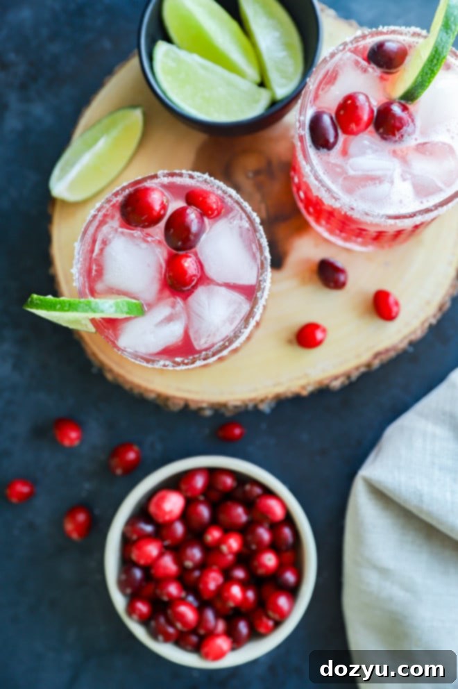 Refreshing Cranberry Margarita 7 An overhead view of two cranberry margaritas in glasses with salt rims and lime garnishes, suggesting a festive and inviting atmosphere.