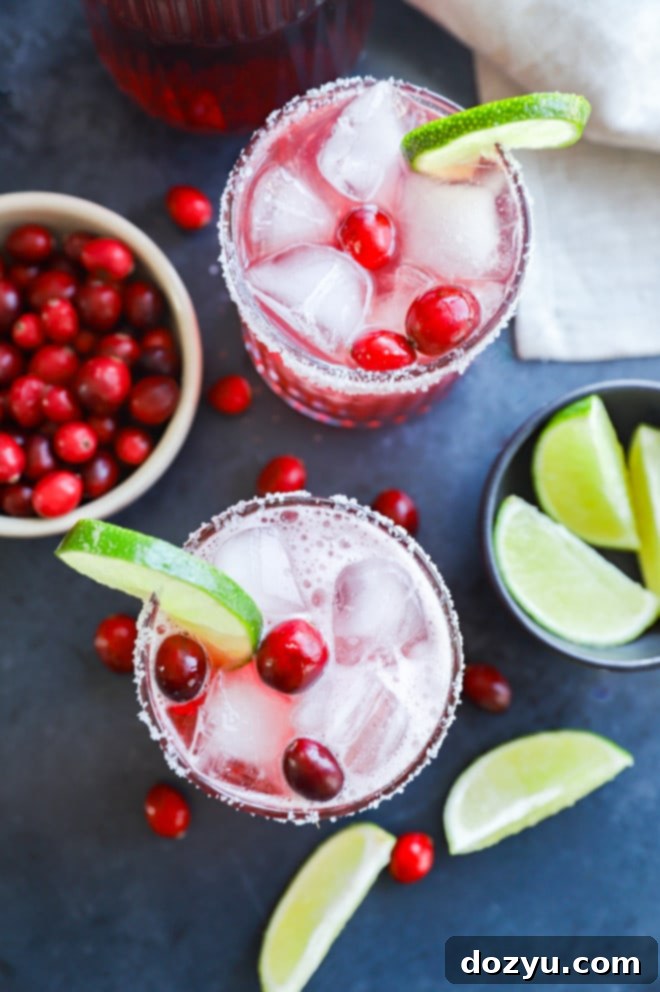 Refreshing Cranberry Margarita 8 A beautifully presented cranberry margarita cocktail, adorned with fresh cranberries and a lime slice, ready for a festive holiday gathering.