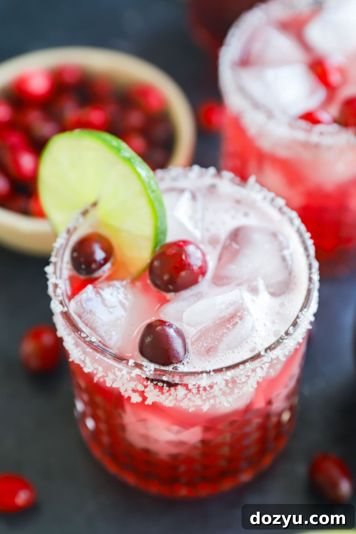 Refreshing Cranberry Margarita 9 Photo of cranberry margarita cocktail garnished with lime and fresh cranberries