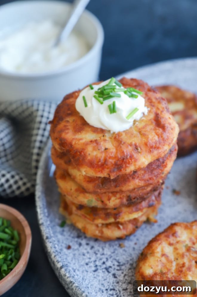 Crispy Potato Patties 10 Potato pancakes in a stack on a plate
