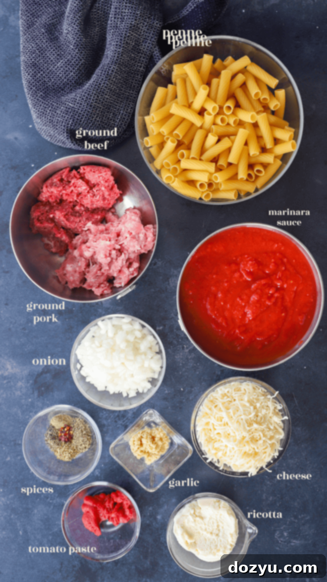 Classic Baked Rigatoni 4 Rigatoni al forno ingredients with text notes