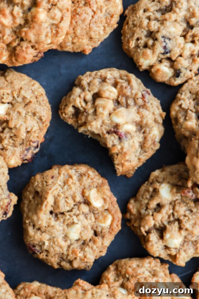 Cranberry White Chocolate Oatmeal Delights 2 Image of holiday treats with a bite taken out of it